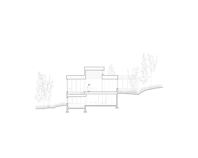 Section drawing showing terraced levels with figures in interior rooms and cantilevered platform