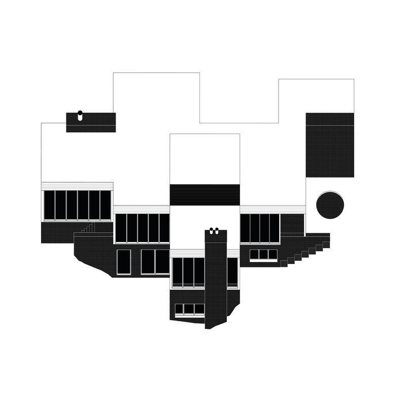 Axonometric drawing depicting clustered rectangular volumes with vertical louvres and a circular element