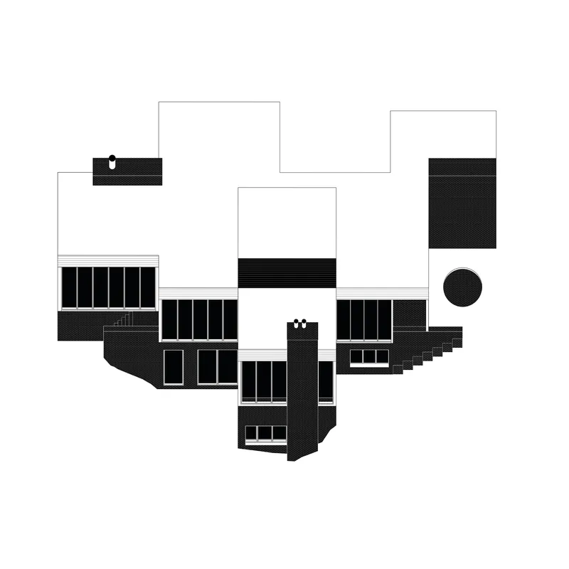 Axonometric drawing depicting clustered rectangular volumes with vertical louvres and a circular element