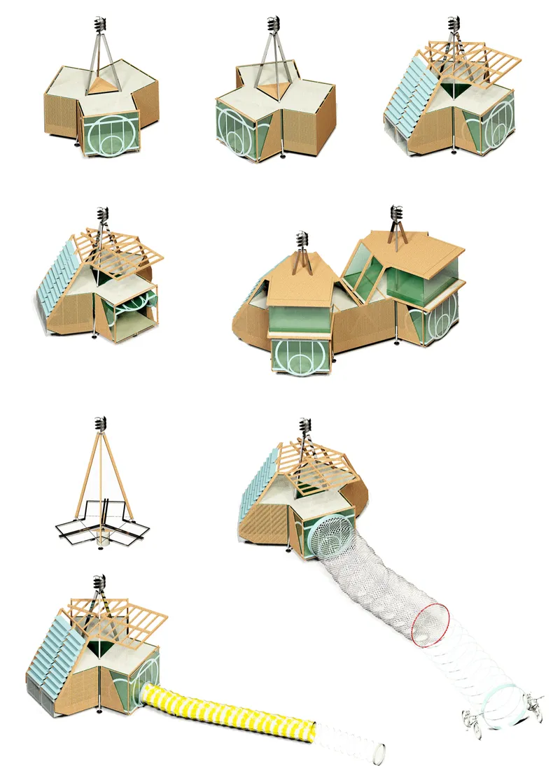 Adaptable modular shelters transform through movable panels, extensions, and lightweight components