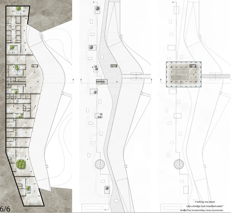 Architectural plans organize veterinary care, education, public functions, and circulation across the site.