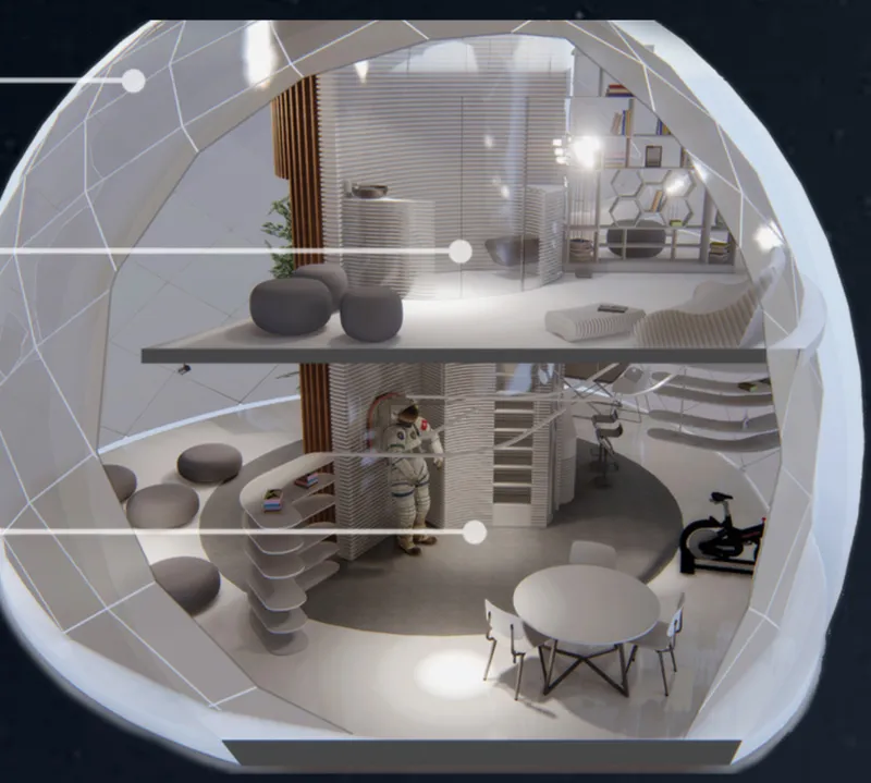 Compact habitat module designed for living, working, dining, and recreation on the Moon.
