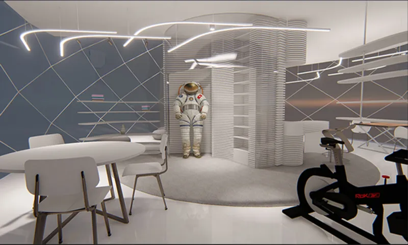 Work and fitness zone within the self-sustaining lunar habitat module.