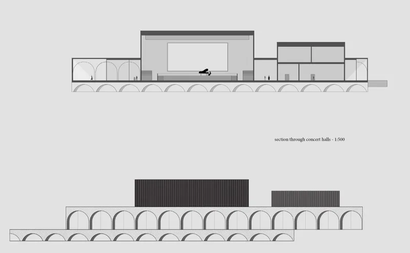 Section and elevation drawings showing arched colonnade with concert hall volumes above