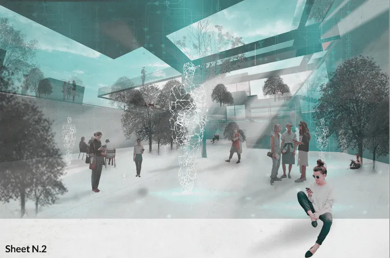 A futuristic interior where digital technology, holograms, nature, and social learning converge.