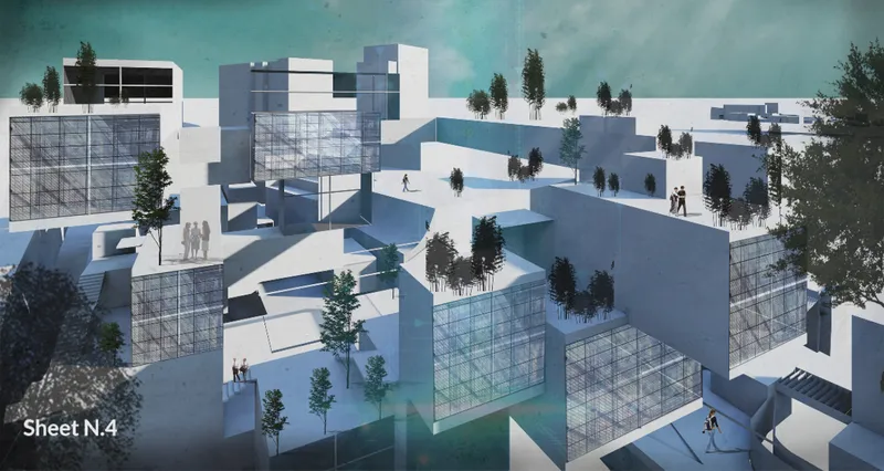BOOK CELL forms a multi-level knowledge landscape with modular spaces and integrated greenery.