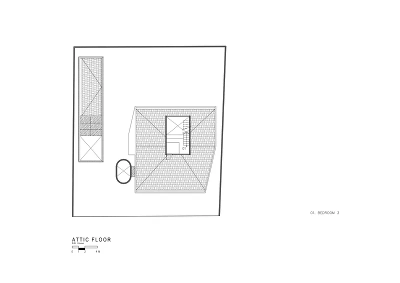 Attic floor plan showing single bedroom volume and rooftop access stair