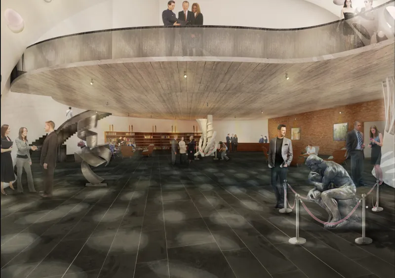 Fluid lobby interior shaped by art, public gathering, and layered civic movement.