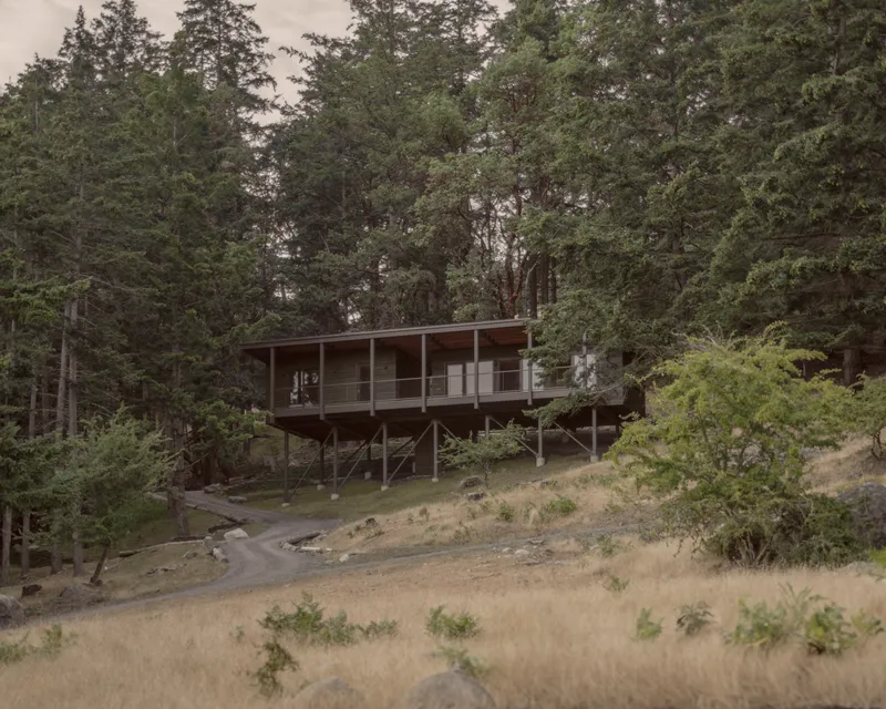 Elevated cabin on steel posts above gravel driveway with flat roof nestled in forested hillside