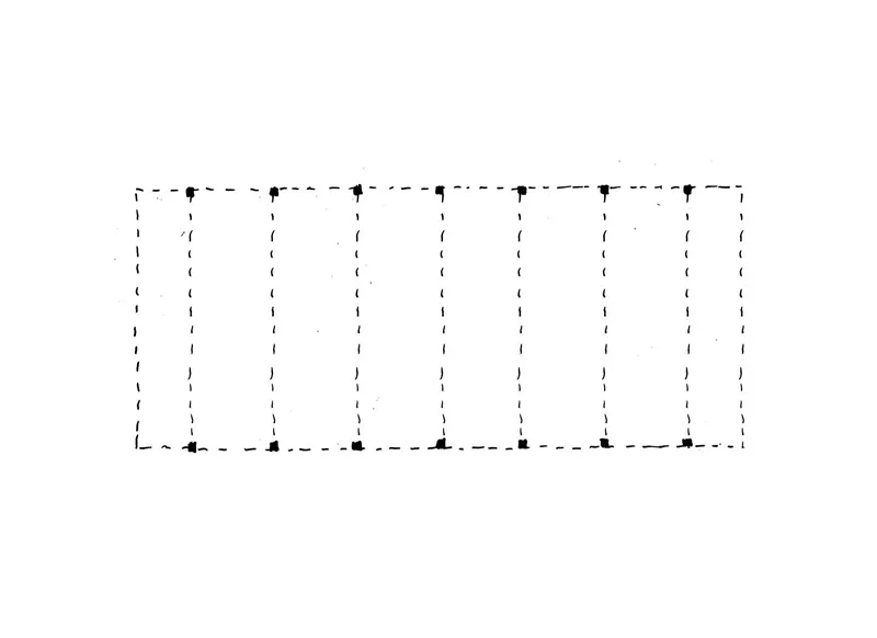 Structural framing diagram showing timber column grid with dashed outline of perimeter walls