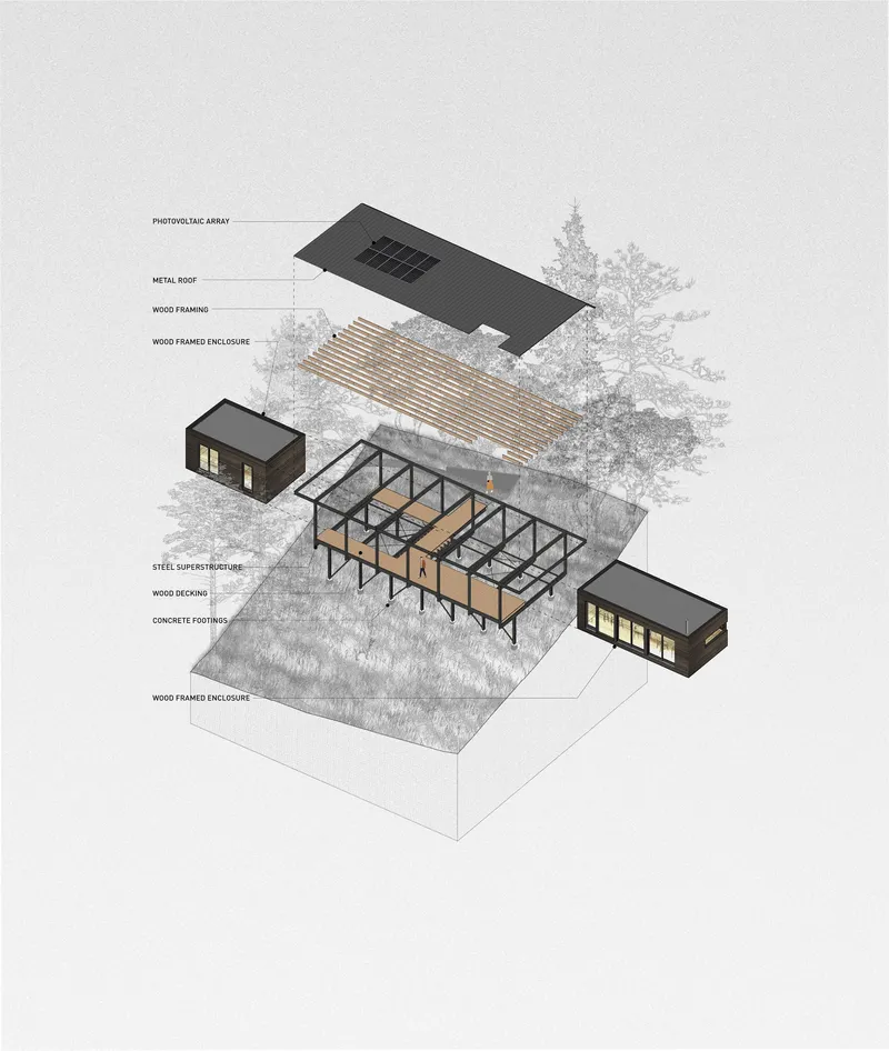 Exploded axonometric drawing showing layered building systems from footings to photovoltaic roof array