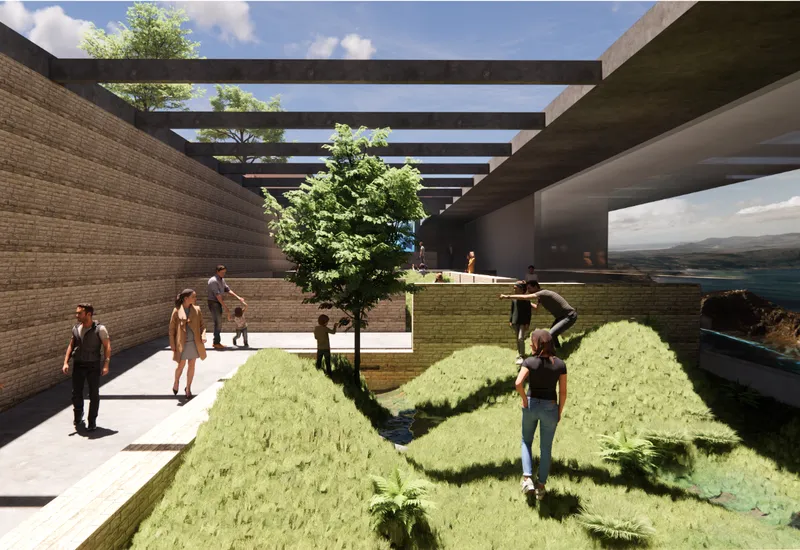 Water and landform courtyard blending flowing streams, planted terrain, and shaded architectural pathways.