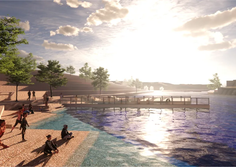 Lakefront ghat creating a social gathering space for reflection, recreation, and direct engagement with water.