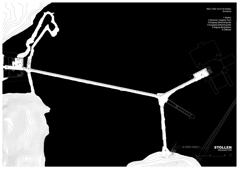 Site plan drawing showing a linear footbridge connecting two building clusters across mountainous terrain with contour lines