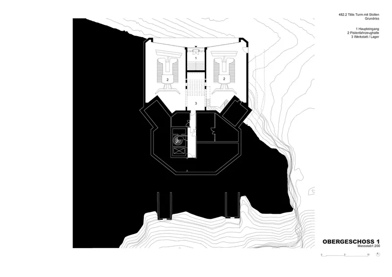 Floor plan drawing showing a hexagonal core with two angled wings and surrounding topographic contours