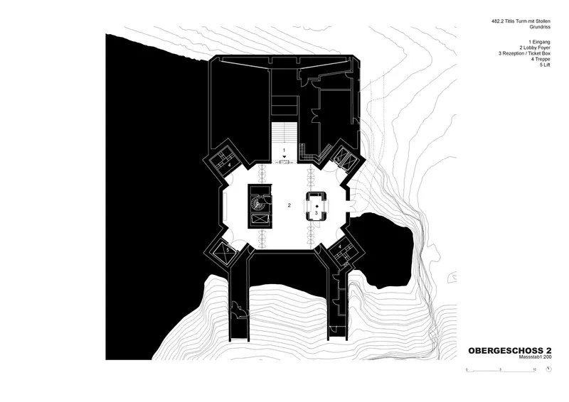Floor plan drawing showing a central octagonal space with four angled lobes and staircase adjacent to topography
