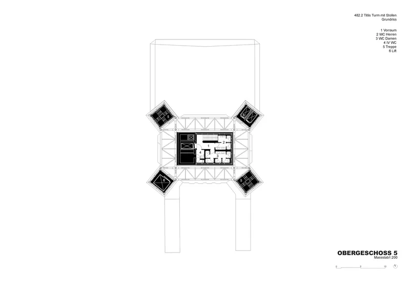 Axonometric drawing showing a central core with four diamond-shaped volumes on a structural truss frame
