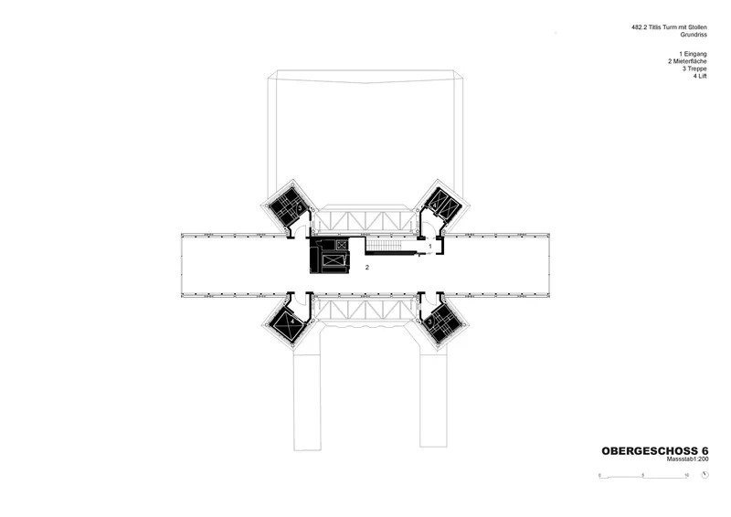 Floor plan drawing showing a cruciform layout with four angled corner volumes around a central truss bridge