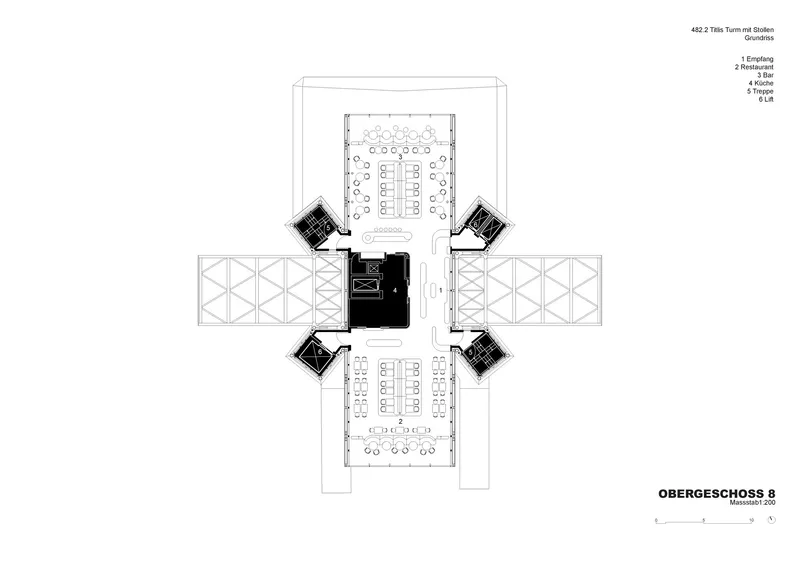 Floor plan drawing revealing dining and seating arrangements within the cruciform footprint and corner volumes