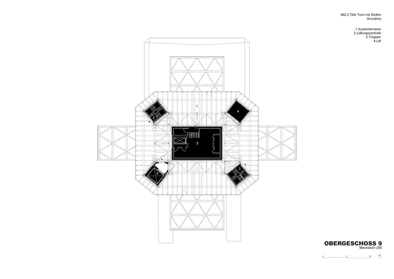 Floor plan drawing displaying a glazed atrium surrounded by diagonal corner elements and triangular lattice wings