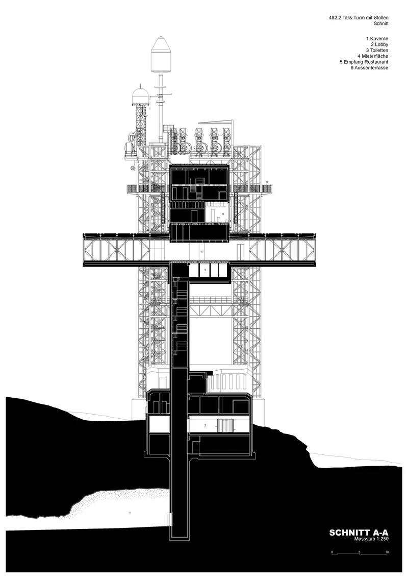 Section drawing through the tower showing multi-level interior spaces anchored into sloping bedrock below