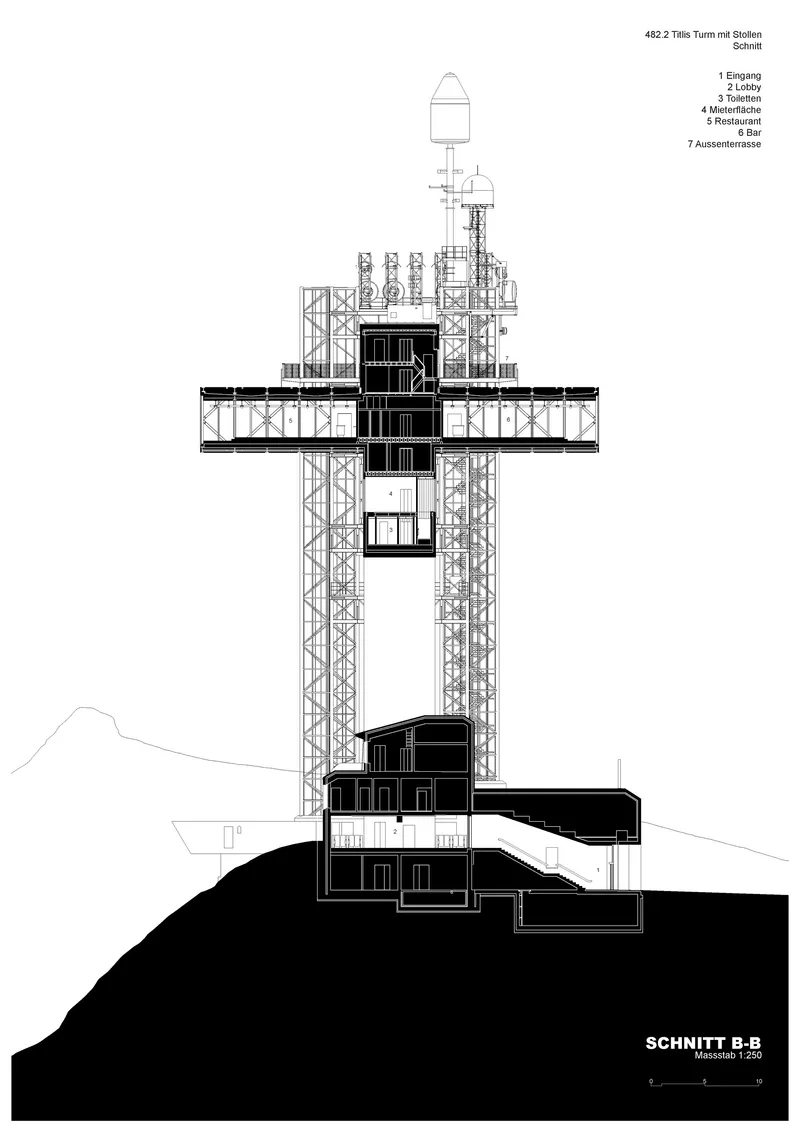 Section drawing revealing vertical circulation core with exposed lattice structure and cantilevered floors against mountainous terrain