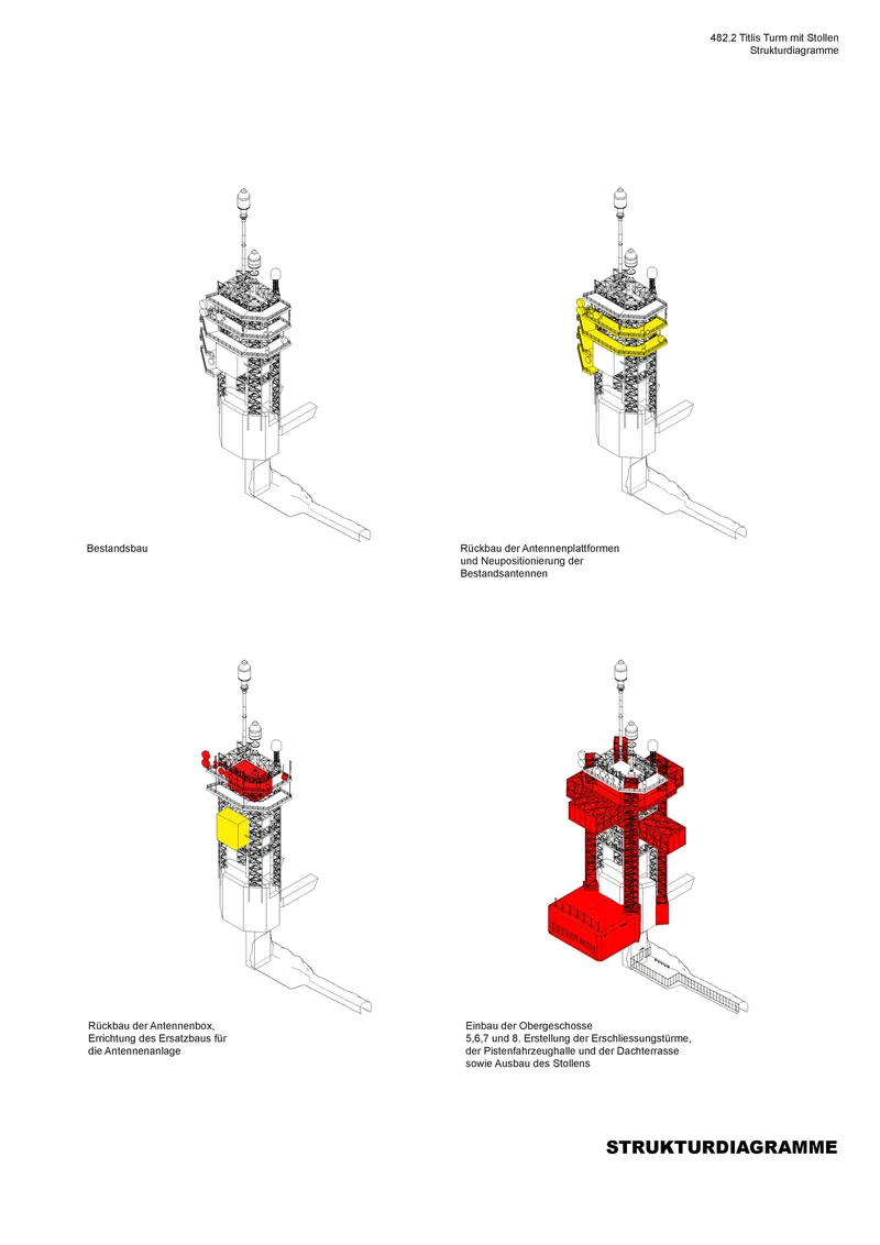 Axonometric structural diagram sequence showing construction phases with yellow and red components highlighted progressively