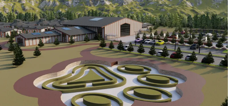 Aerial rendering showing three lobed sunken planters bordered by pathways near residential volumes and parking area