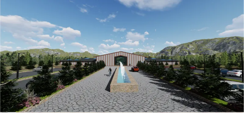 Linear reflecting pool with fountain jets leading toward the corrugated metal-clad entrance pavilion under blue sky