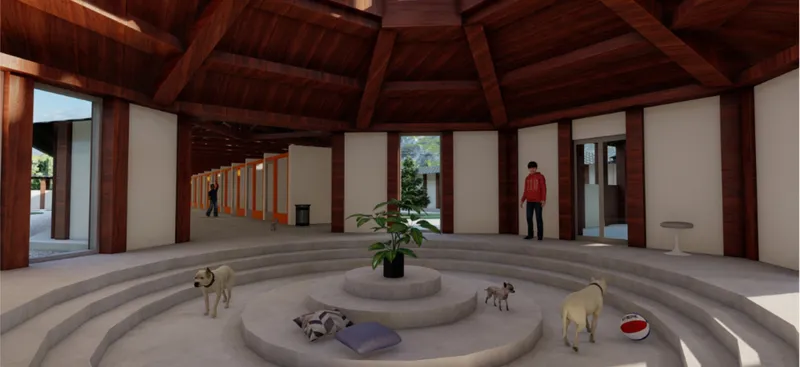 Interior timber pavilion with exposed roof framing, concentric seating rings, and dogs resting on cushions