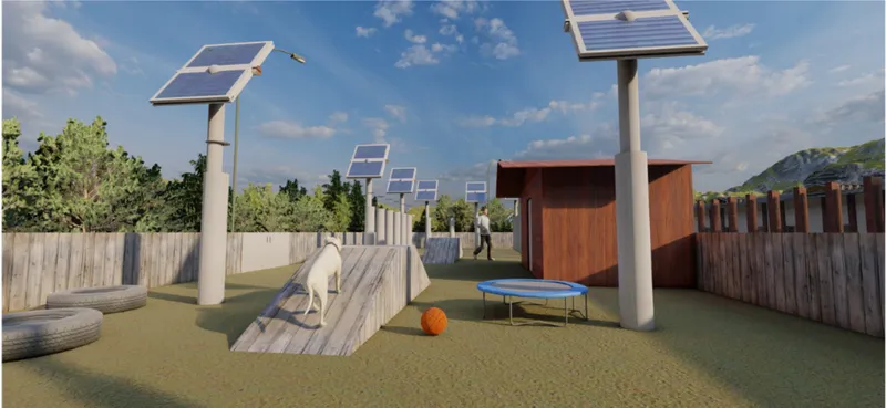Outdoor dog play yard with ramps, solar panel canopies, and timber-clad enclosure under partly cloudy sky