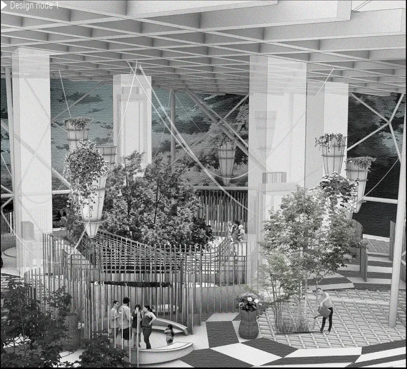 A landscaped public interior where vegetation, circulation, and community spaces coexist within the tower.
