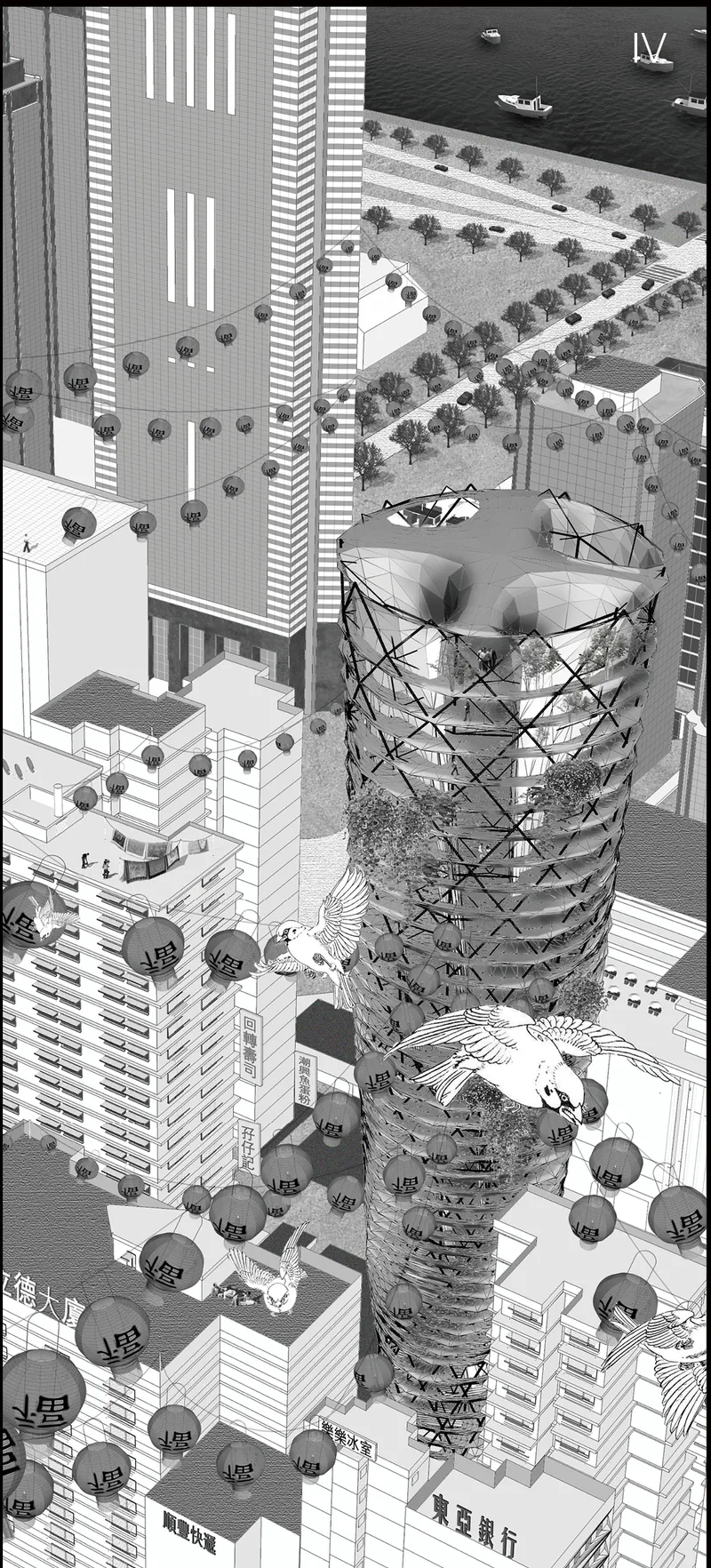 The porous high-rise introduces rainwater collection, greenery, and productive landscapes into the dense city centre.