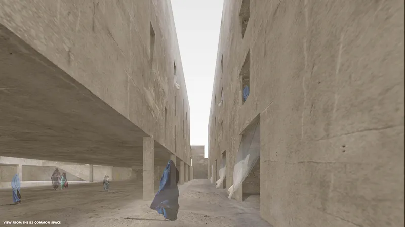 Narrow internal passages open into shaded common spaces for safe movement.