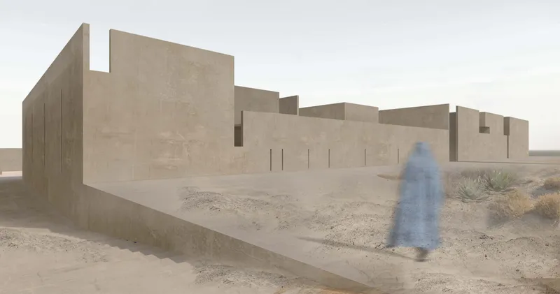 Monumental earth walls define Revival’s protected edge within the desert landscape.