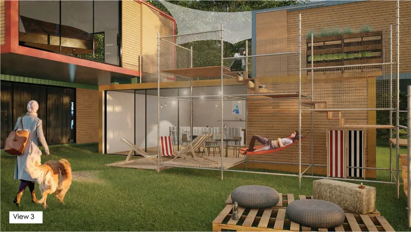 The modular exterior creates an open public setting for gathering, resting, and social interaction.