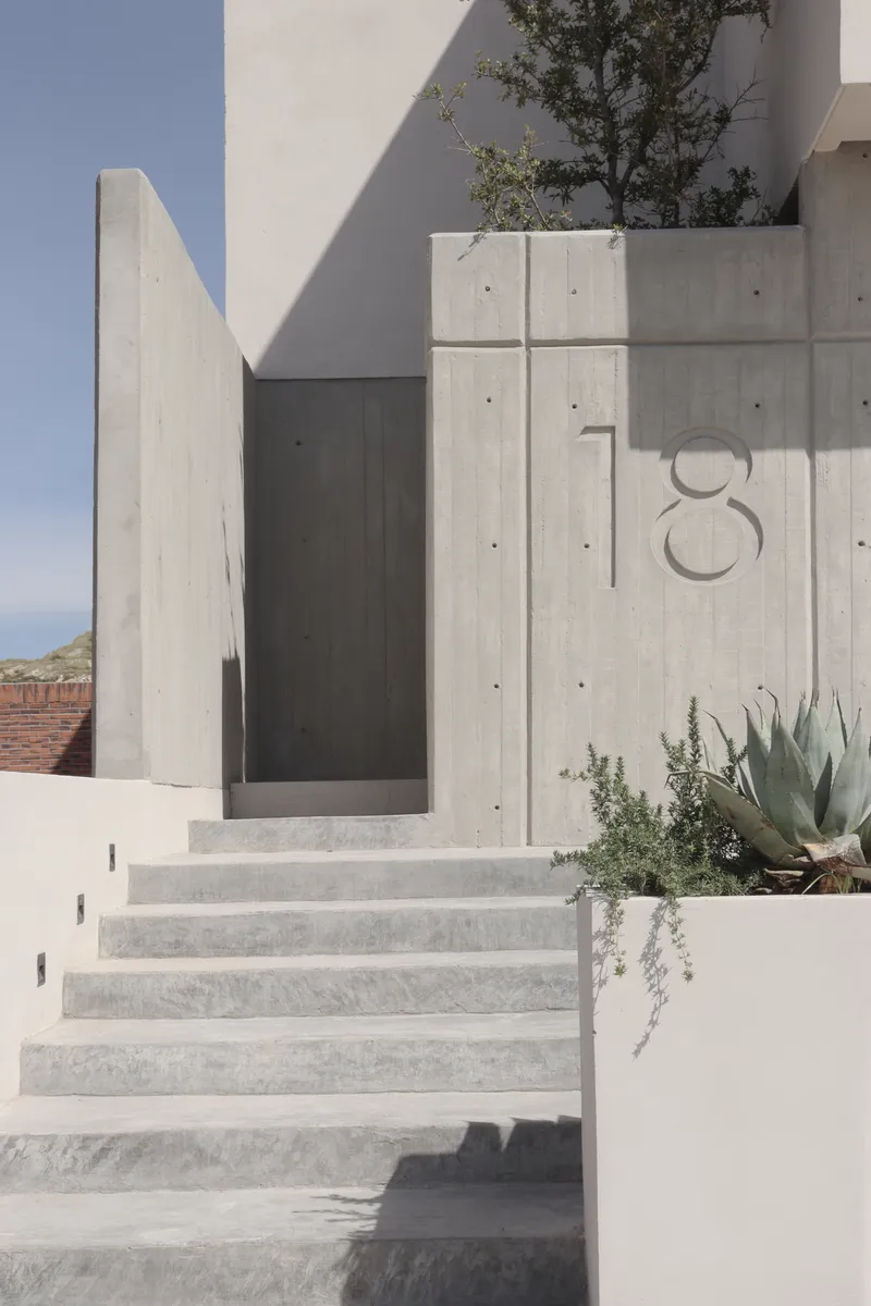Concrete entry stairs leading to board-formed walls with house numbers and a planted tree overhead