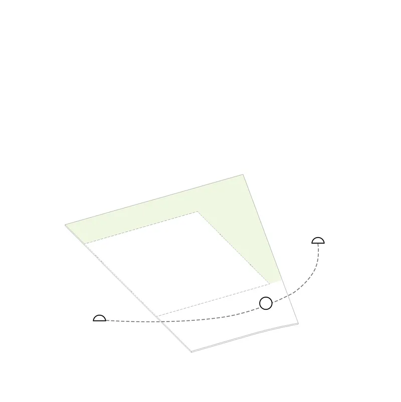 Diagram illustrating solar orientation and site relationships with dashed arcs and green shaded area