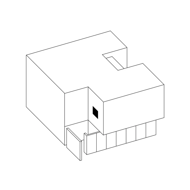 Isometric drawing displaying the entry sequence with vertical slot window and slatted facade