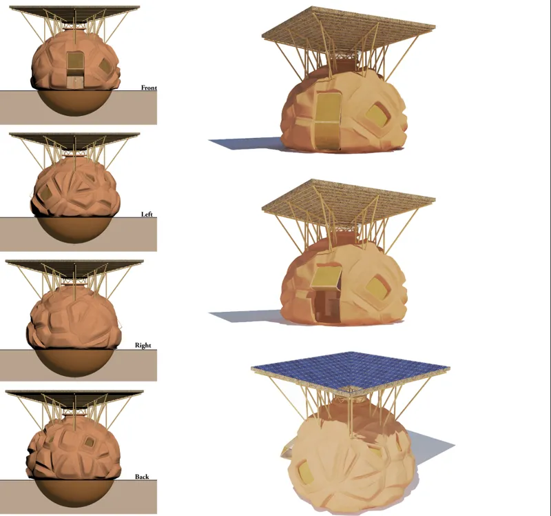 Earth Pod Views: 3D-printed clay dwelling with an elevated solar canopy for shade and renewable energy.