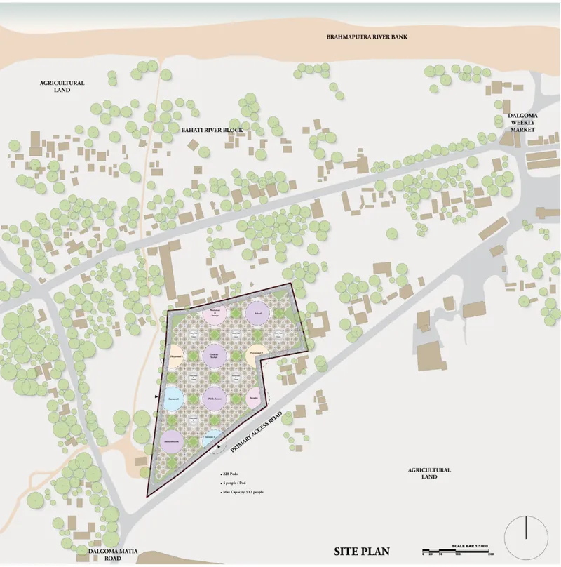 Site Plan: Earth Pod community integrated with surrounding agricultural land and the Brahmaputra river landscape.