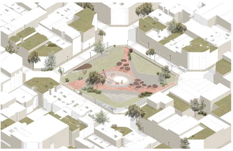 Axonometric view showing the green superblock with adaptable public spaces, rooftops, and pedestrian connections.