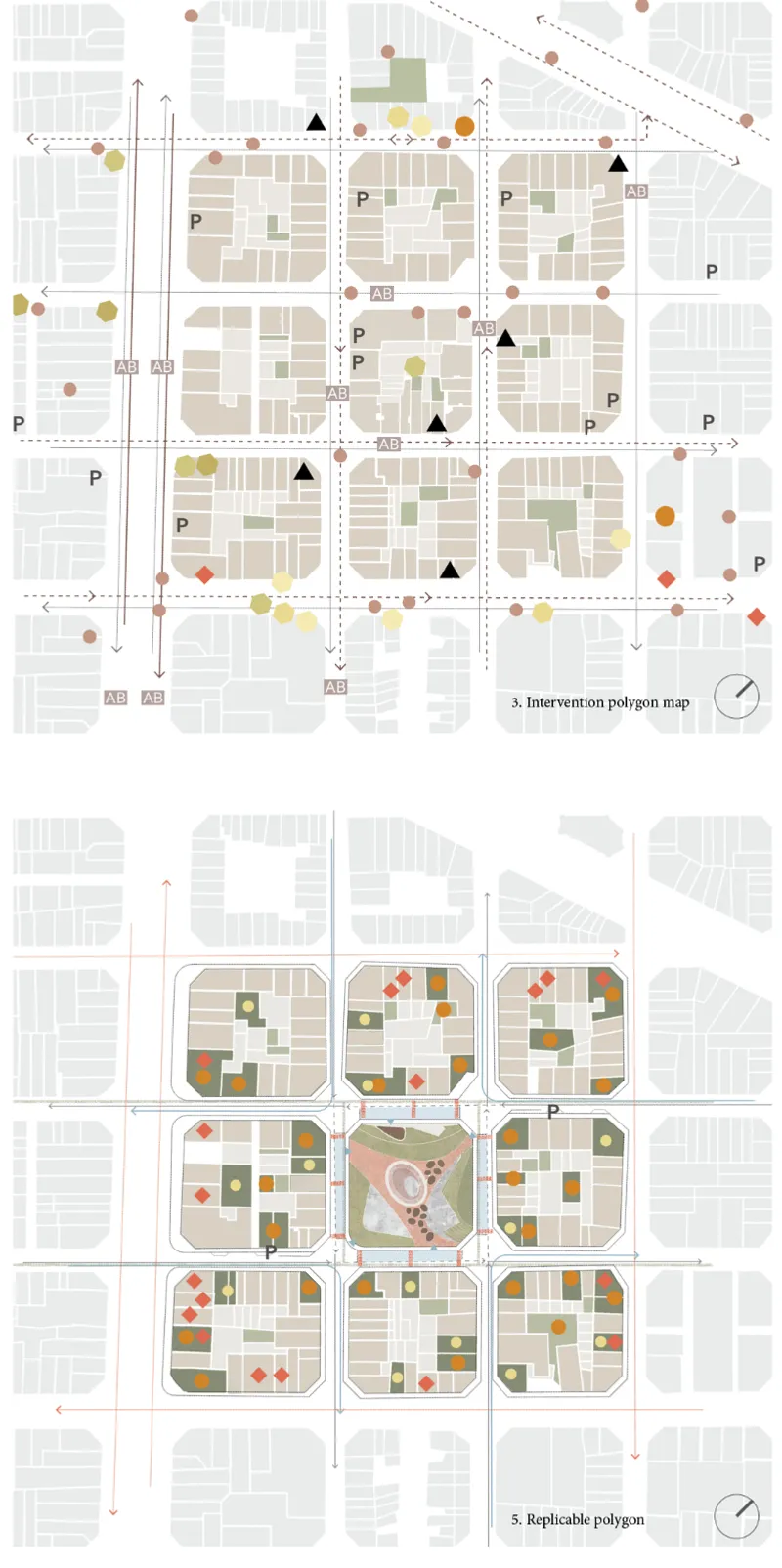 Urban strategy maps illustrating existing amenities and the replicable network of green, social, and mobility interventions