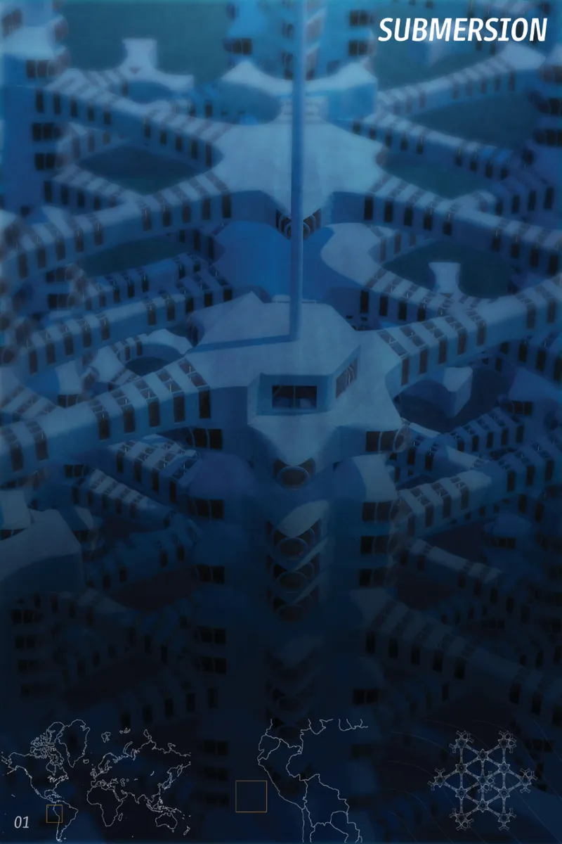 Aerial view of clustered hexagonal housing units with banded facades submerged in blue underwater light