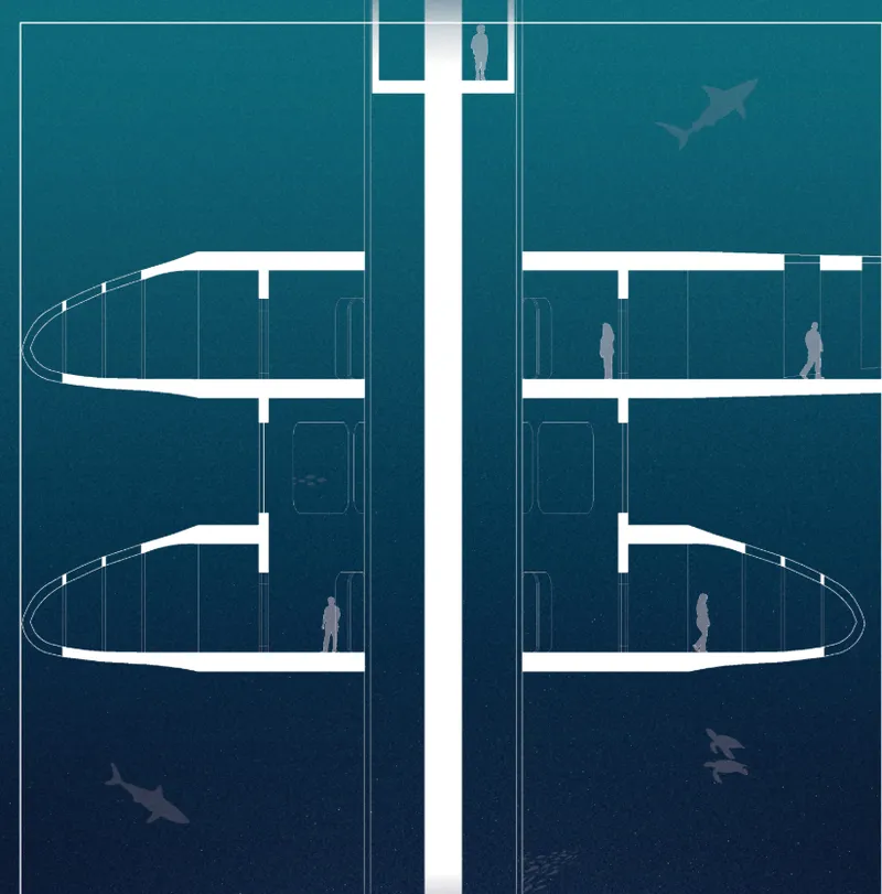Section drawing showing curved floor plates across multiple levels with human figures and swimming sharks