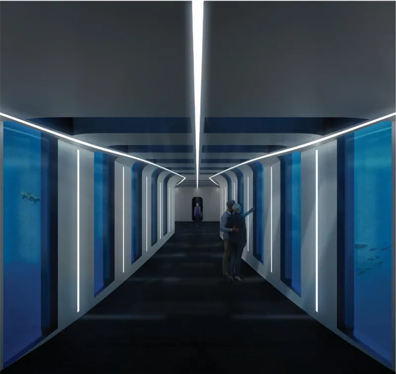 Linear corridor with backlit vertical panels and blue-tinted viewing windows with two visitors conversing