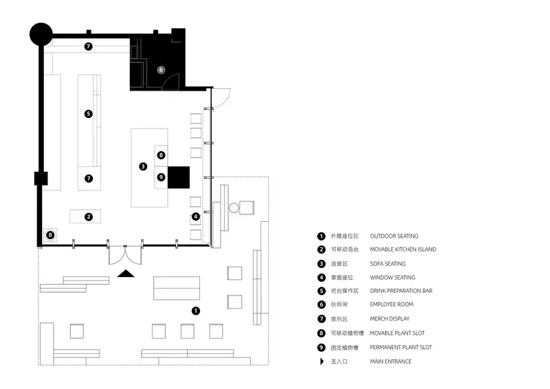 Floor plan drawing showing cafe layout with movable kitchen island, seating zones, and outdoor terrace