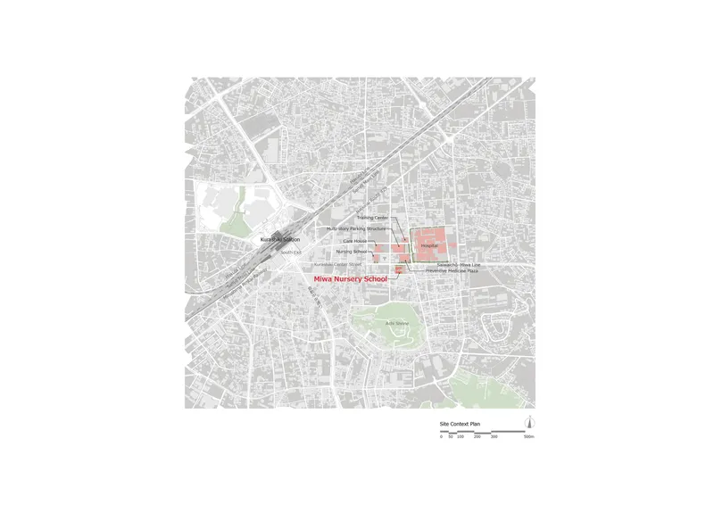 Site plan drawing showing the facility location within the surrounding urban context
