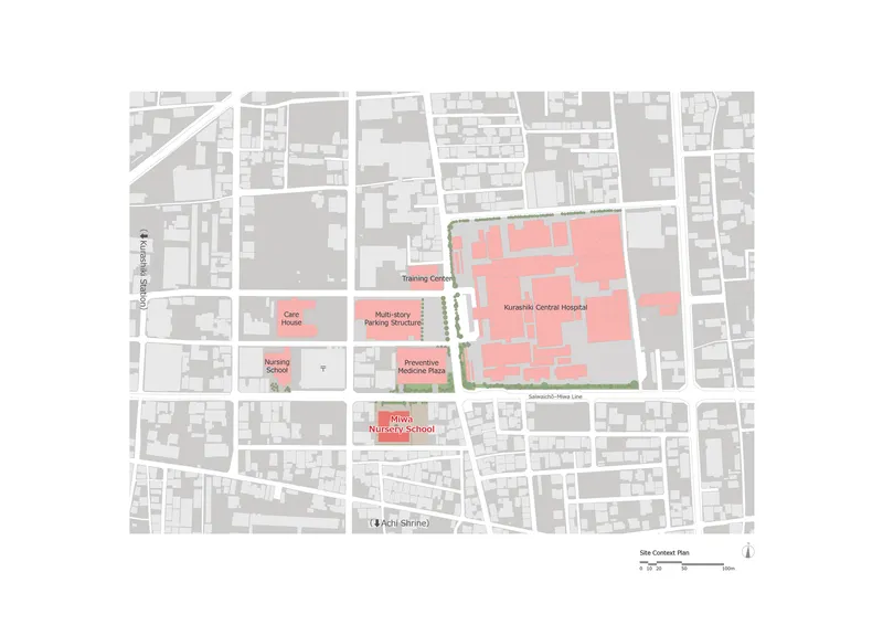 Site context plan showing the project in pink amongst surrounding urban blocks and streets