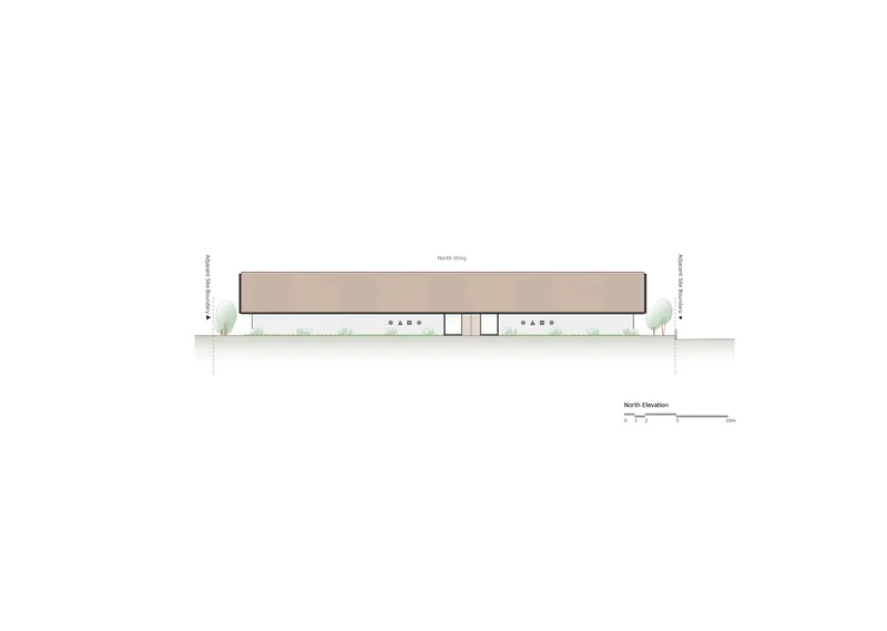 North elevation drawing showing the low horizontal volume with central entrance flanked by planted areas